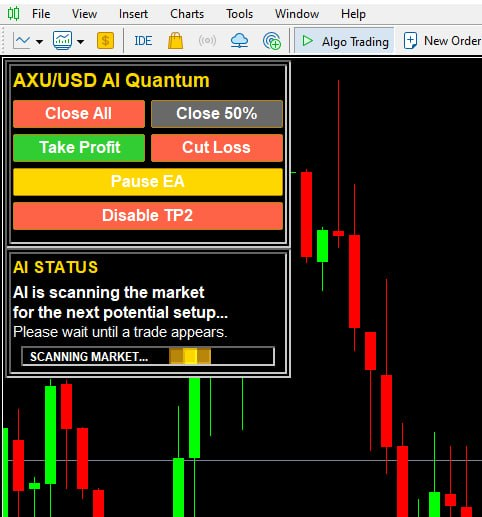 XAUUSD Quantum AI MT5 dashboard showing AI status scanner and trade control panel